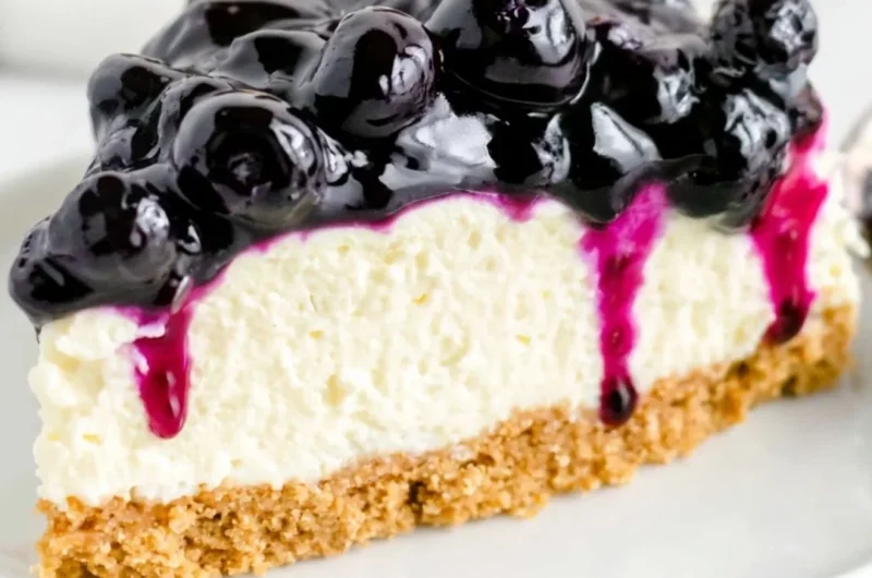 No bake blueberry cheesecake topped with fresh blueberries and whipped cream