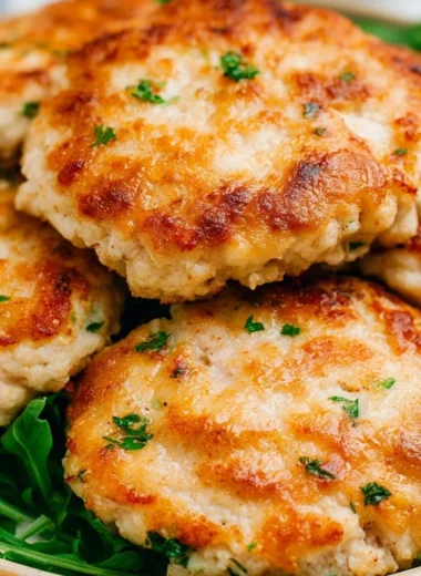 Crispy air fryer chicken patties served on a plate with dipping sauce.