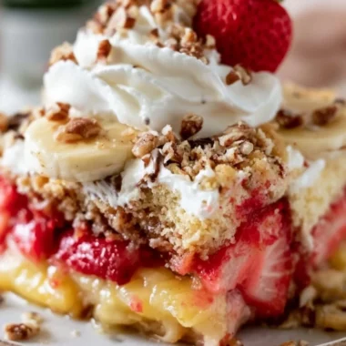 Delicious banana split dump cake topped with whipped cream and cherries.