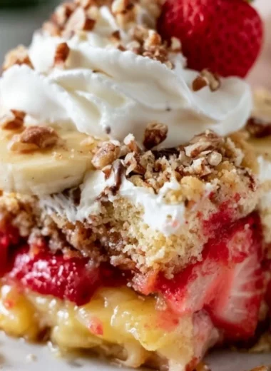 Delicious banana split dump cake topped with whipped cream and cherries.