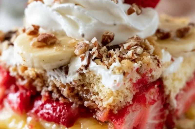 Delicious banana split dump cake topped with whipped cream and cherries.