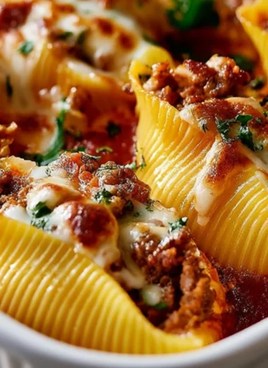 Delicious beef stuffed shells topped with marinara sauce and cheese