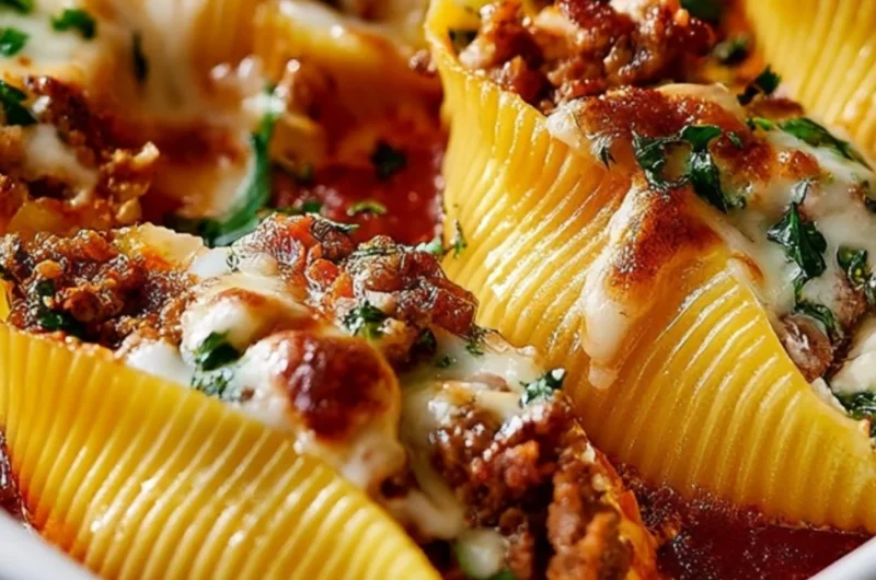 Delicious beef stuffed shells topped with marinara sauce and cheese