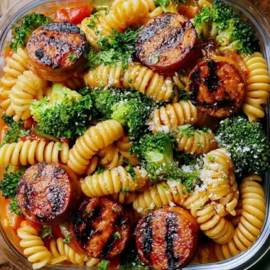 Chicken Sausage Pasta Meal Prep Bowl with veggies and sauce