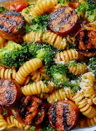 Chicken Sausage Pasta Meal Prep Bowl with veggies and sauce