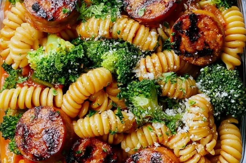 Chicken Sausage Pasta Meal Prep Bowl with veggies and sauce