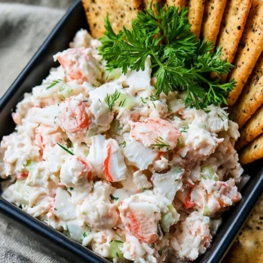 Delicious chunky cold crab dip served in a bowl with crackers