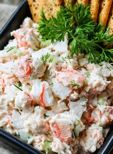 Delicious chunky cold crab dip served in a bowl with crackers