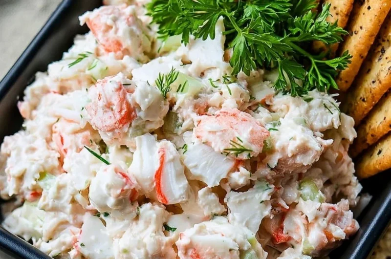 Delicious chunky cold crab dip served in a bowl with crackers