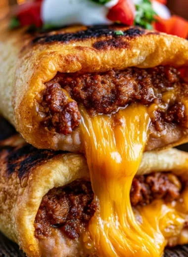Delicious beef chimichangas filled with cheese served on a plate