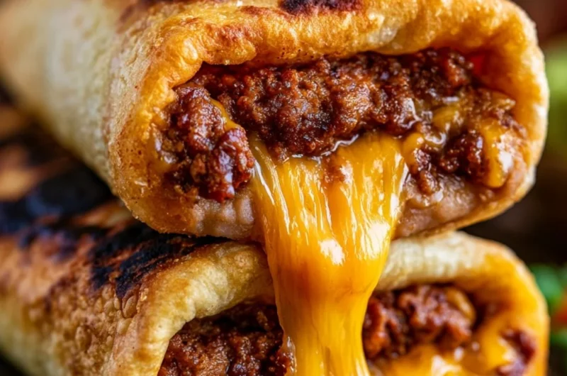 Delicious beef chimichangas filled with cheese served on a plate