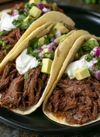 Delicious Mexican shredded beef tacos made in a cozy crock pot