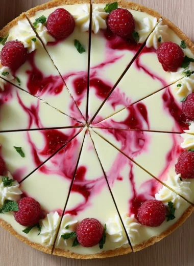 Cozy raspberry white chocolate cheesecake slice on a plate