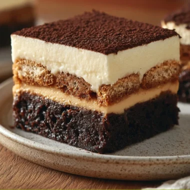 Delicious tiramisu brownies topped with cocoa and coffee cream on a cozy plate