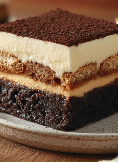 Delicious tiramisu brownies topped with cocoa and coffee cream on a cozy plate