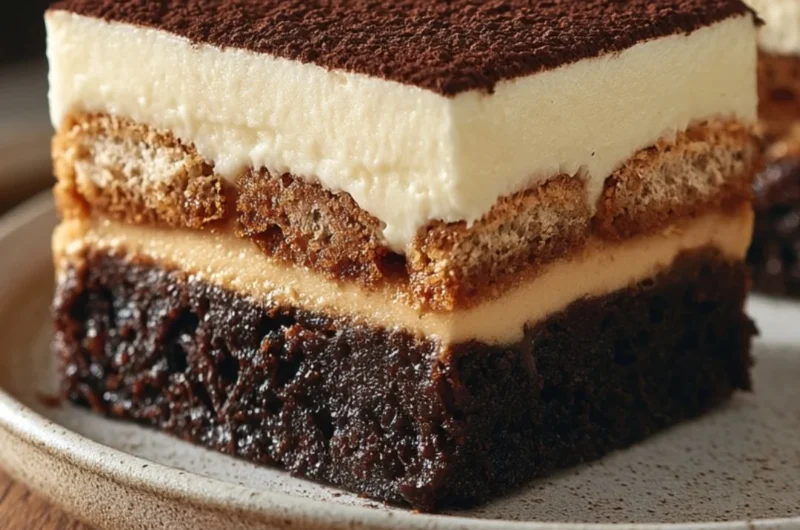 Delicious tiramisu brownies topped with cocoa and coffee cream on a cozy plate