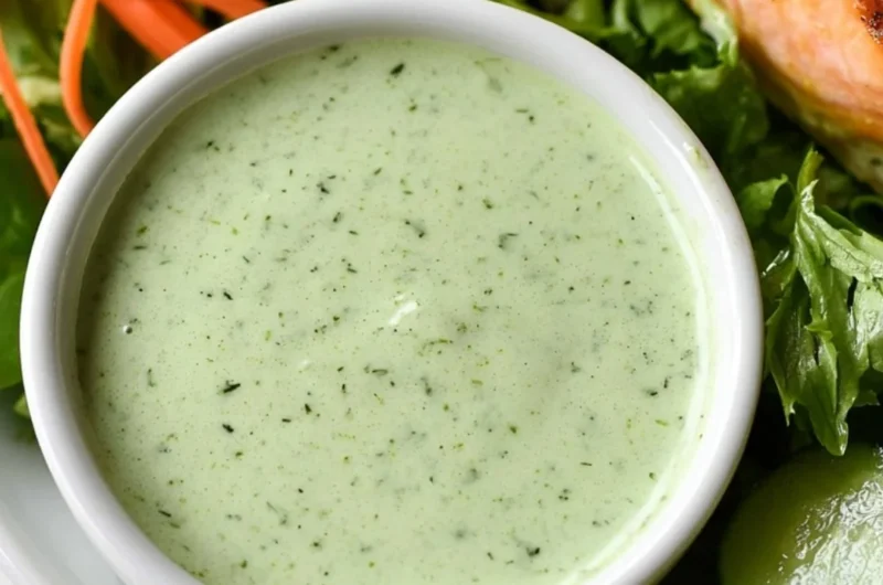 Creamy basil dressing in a bowl with fresh basil leaves.