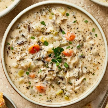 Bowl of creamy crockpot chicken wild rice soup garnished with parsley