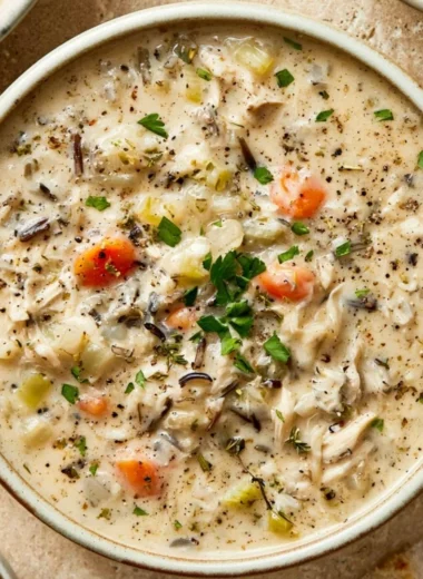 Bowl of creamy crockpot chicken wild rice soup garnished with parsley