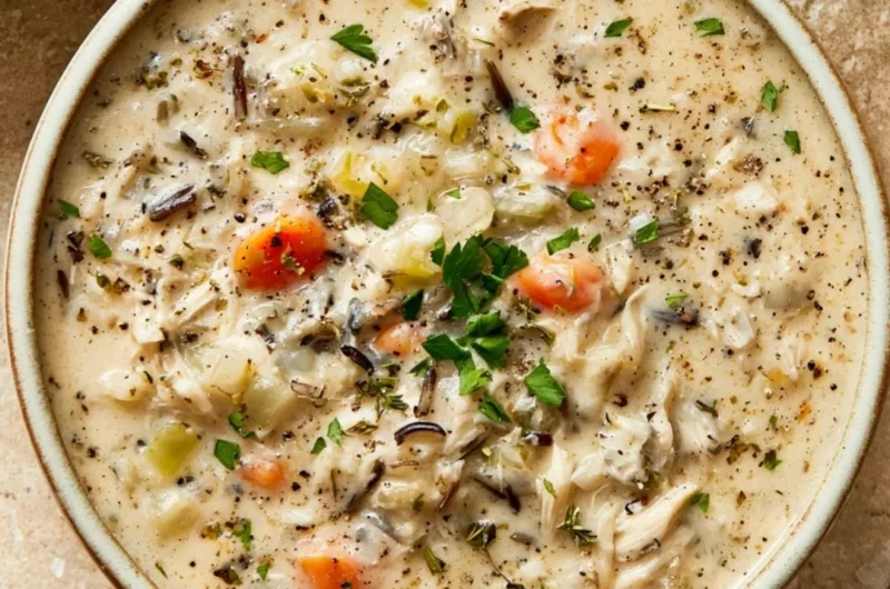 Bowl of creamy crockpot chicken wild rice soup garnished with parsley