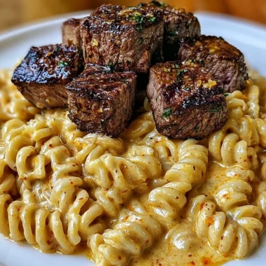 Creamy garlic butter steak bites served with spicy cajun alfredo twisted pasta