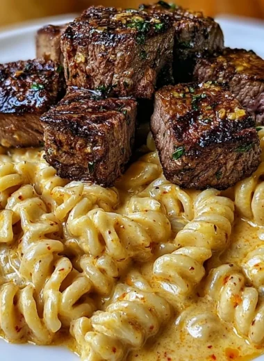 Creamy garlic butter steak bites served with spicy cajun alfredo twisted pasta