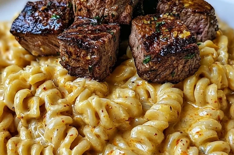 Creamy garlic butter steak bites served with spicy cajun alfredo twisted pasta
