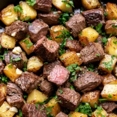Delicious garlic butter steak bites with golden roasted potatoes on a plate