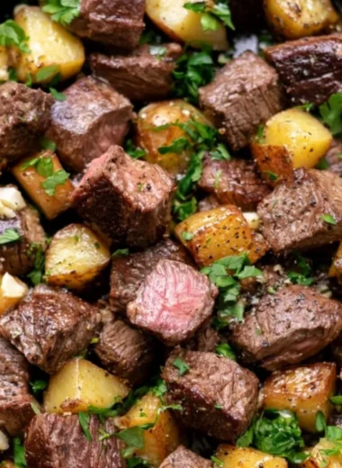 Delicious garlic butter steak bites with golden roasted potatoes on a plate
