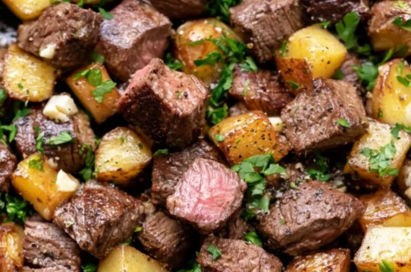 Delicious garlic butter steak bites with golden roasted potatoes on a plate
