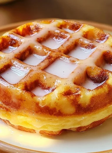 Healthy donut chaffle served on a plate, showcasing its golden-brown texture.