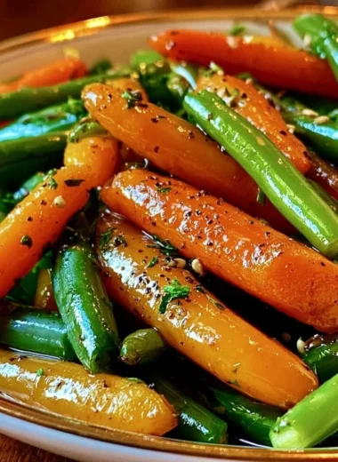 Honey glazed carrots served with green beans in a vibrant dish
