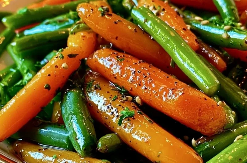 Honey glazed carrots served with green beans in a vibrant dish