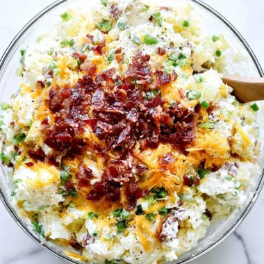 Delicious loaded baked potato salad with toppings in a bowl