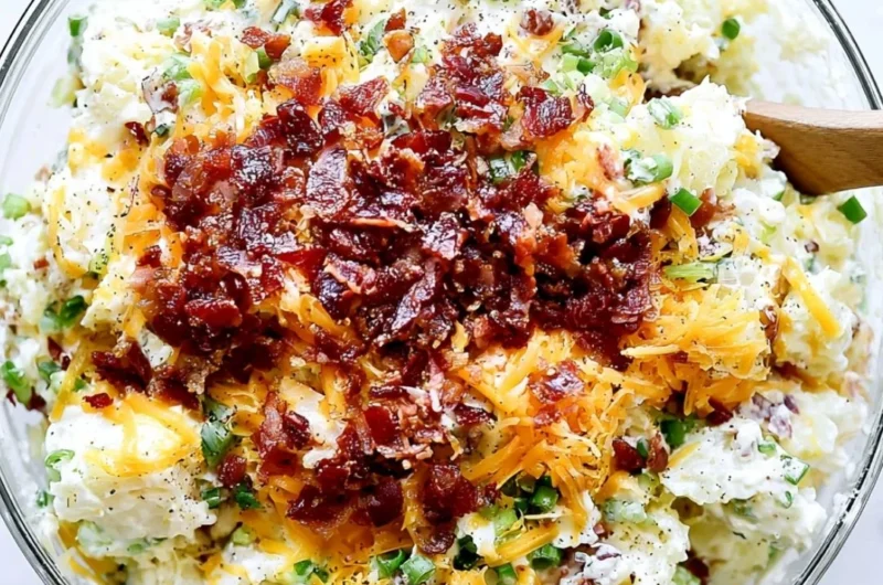 Delicious loaded baked potato salad with toppings in a bowl