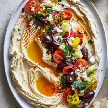 Delicious Loaded Greek Hummus topped with fresh ingredients and herbs