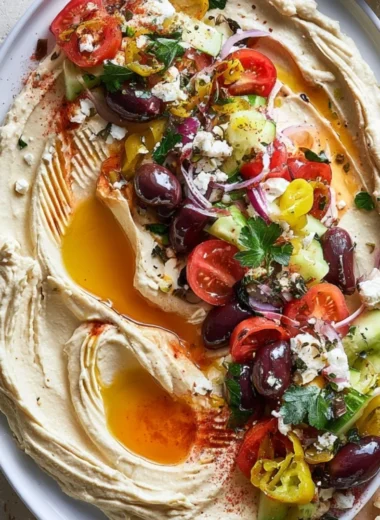 Delicious Loaded Greek Hummus topped with fresh ingredients and herbs