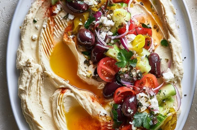 Delicious Loaded Greek Hummus topped with fresh ingredients and herbs