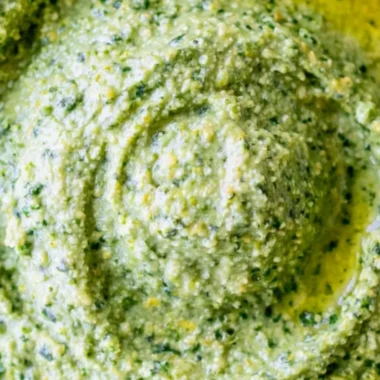 Nut-free pesto sauce made with fresh herbs and ingredients.