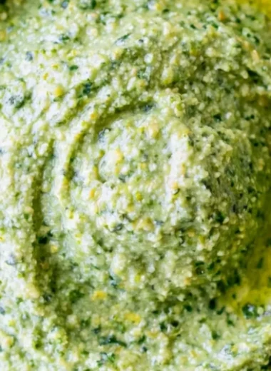 Nut-free pesto sauce made with fresh herbs and ingredients.