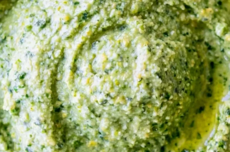 Nut-free pesto sauce made with fresh herbs and ingredients.