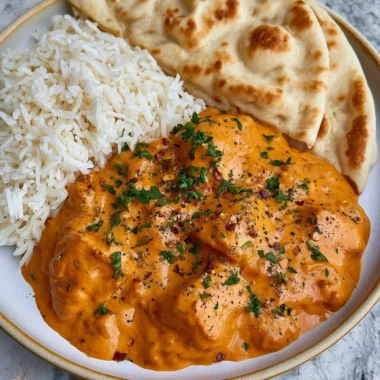 Delicious homemade butter chicken served with rice and naan bread