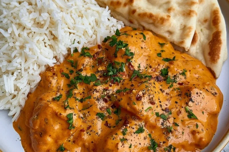Delicious homemade butter chicken served with rice and naan bread