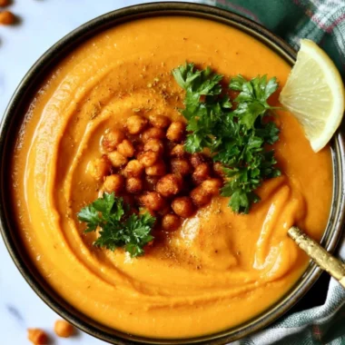 Bowl of Sweet Potato and Chickpea Moroccan Soup garnished with herbs