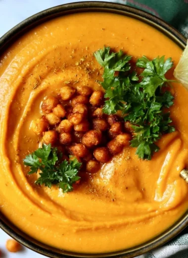 Bowl of Sweet Potato and Chickpea Moroccan Soup garnished with herbs