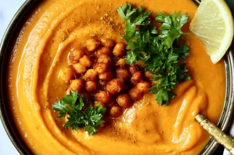 Bowl of Sweet Potato and Chickpea Moroccan Soup garnished with herbs