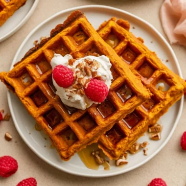 Golden brown sweet potato waffles served with syrup and fresh fruit.