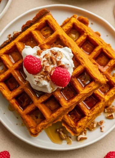 Golden brown sweet potato waffles served with syrup and fresh fruit.