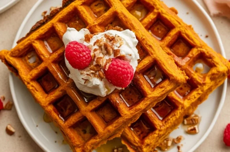Golden brown sweet potato waffles served with syrup and fresh fruit.