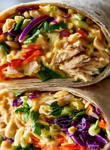 Thai Peanut Chicken Wraps with fresh vegetables and peanuts